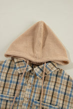 Load image into Gallery viewer, Drawstring Waffle Knit Patchwork Hooded Plaid Shacket