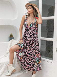 Printed Plunge Mixed Pattern Floral Ikat Sleeveless Midi Dress