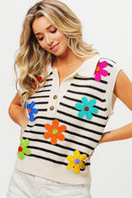 Load image into Gallery viewer, BiBi Flower Patch Striped Half Button Sweater Vest