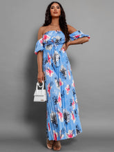 Load image into Gallery viewer, Pleated Floral Off-Shoulder Short Sleeve Midi Dress