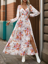 Load image into Gallery viewer, Slit Printed Surplice Long Sleeve Maxi Dress