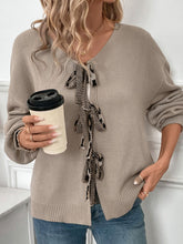 Load image into Gallery viewer, Perfee Tied Contrast Heart V-Neck Long Sleeve Cardigan