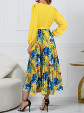 Load image into Gallery viewer, Pleated Printed Surplice Long Sleeve Dress