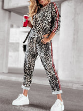 Load image into Gallery viewer, Leopard Round Neck Long Sleeve Top and Pants Set