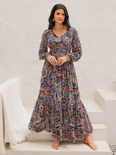 Load image into Gallery viewer, Printed Tie Neck Long Sleeve Midi Dress