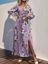 Load image into Gallery viewer, Slit Printed Surplice Long Sleeve Maxi Dress