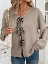 Load image into Gallery viewer, Perfee Tied Contrast Heart V-Neck Long Sleeve Cardigan