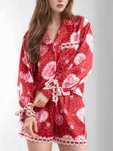 Load image into Gallery viewer, Valentine’s Day Lace Detail Heart Print Collared Neck Top and Shorts Lounge Set