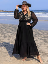 Load image into Gallery viewer, Plus Size Embroidered Tie Neck Long Sleeve Dress