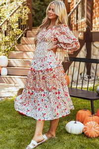 Full Size Printed V-Neck Lantern Sleeve Midi Dress