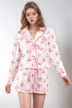 Load image into Gallery viewer, Valentine’s Day Ribbon Tied Printed Long Sleeve Top and Shorts Lounge Set