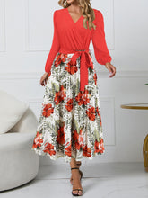 Load image into Gallery viewer, Pleated Printed Surplice Long Sleeve Dress