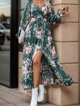 Load image into Gallery viewer, Slit Printed Surplice Long Sleeve Maxi Dress