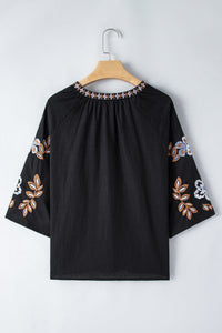 Embroidered V-Neck Three-Quarter Sleeve Blouse