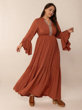 Load image into Gallery viewer, Plus Size Ruffled Notched Long Sleeve Midi Dress