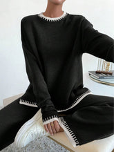 Load image into Gallery viewer, Side Slit Contrast Trim Round Neck Top and Pants Sweater Set