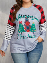 Load image into Gallery viewer, Plus Size Christmas Tree Plaid Round Neck Long Sleeve T-Shirt