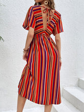 Load image into Gallery viewer, Slit Striped V-Neck Short Sleeve Midi Dress