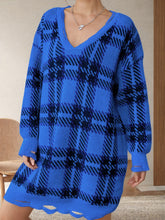 Load image into Gallery viewer, Distressed Plaid V-Neck Long Sleeve Sweater Dress