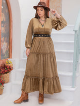 Load image into Gallery viewer, Plus Size Frill Tie Neck Long Sleeve Dress