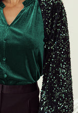 Load image into Gallery viewer, Sequin Notched Long Sleeve Blouse