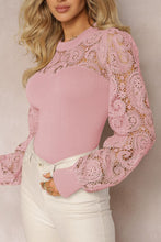 Load image into Gallery viewer, Lace Patchwork Round Neck Long Sleeve Blouse