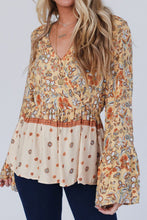 Load image into Gallery viewer, Peplum Printed Surplice Flare Sleeve Blouse