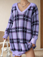 Load image into Gallery viewer, Distressed Plaid V-Neck Long Sleeve Sweater Dress