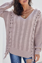 Load image into Gallery viewer, Cable Knit Lace Up V-Neck Sweater