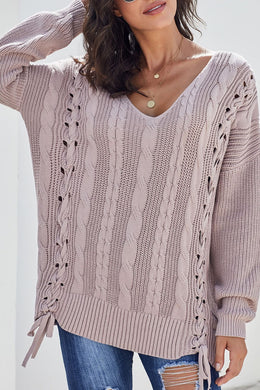 Cable Knit Lace Up V-Neck Sweater