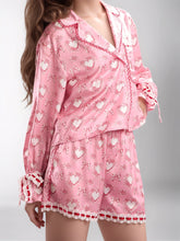 Load image into Gallery viewer, Valentine’s Day Lace Detail Heart Print Collared Neck Top and Shorts Lounge Set