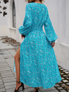 Split Printed Surplice Long Sleeve Midi Dress