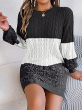 Load image into Gallery viewer, Cable-Knit Round Neck Color Block Sweater Dress