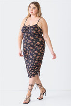 Load image into Gallery viewer, Blue Leopard Plus Size Ruched Floral Square Neck Cami Dress