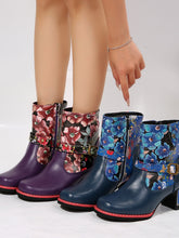 Load image into Gallery viewer, PU Leather Flower Block Heel Boots