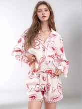 Load image into Gallery viewer, Valentine’s Day Lace Detail Heart Print Collared Neck Top and Shorts Lounge Set