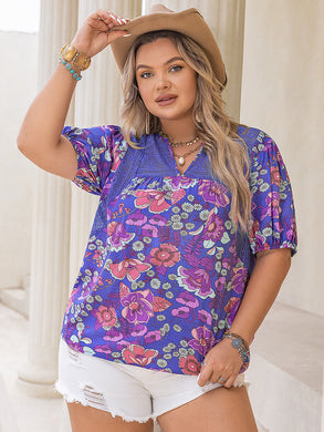 Plus Size Printed Notched Short Sleeve Blouse