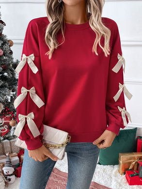 Perfee Bow Round Neck Long Sleeve Sweatshirt