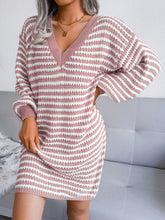 Load image into Gallery viewer, Striped V-Neck Long Sleeve Mini Sweater Dress