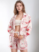 Load image into Gallery viewer, Valentine’s Day Lace Detail Heart Print Collared Neck Top and Shorts Lounge Set