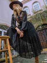 Load image into Gallery viewer, Embroidered Polka Dot Tie Neck Long Sleeve Midi Dress