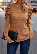 Load image into Gallery viewer, Decorative Button Round Neck Puff Sleeve Blouse