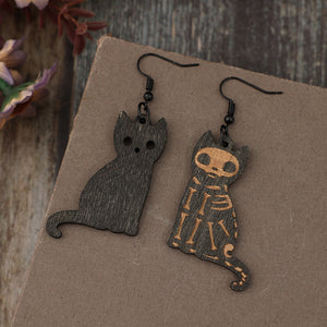 Alloy Hook Wooden Cat Skeleton Earrings