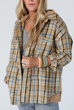 Load image into Gallery viewer, Drawstring Waffle Knit Patchwork Hooded Plaid Shacket