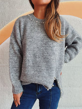 Load image into Gallery viewer, Slit Pearl Trim Round Neck Long Sleeve Sweater