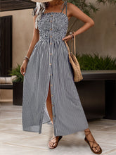 Load image into Gallery viewer, Tied Smocked Striped Sleeveless Midi Dress