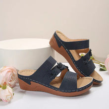 Load image into Gallery viewer, Flower PU Leather Wedge Sandals