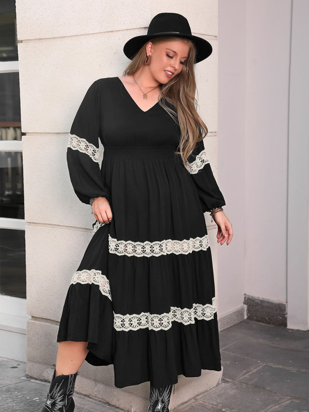 Plus Size Minka Lace Detail V-Neck Long Sleeve Midi Dress