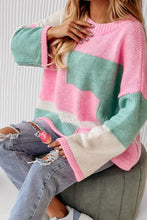 Load image into Gallery viewer, Color Block Round Neck Drop Shoulder Sweater