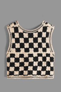 Crochet Checkered V-Neck Button Up Vest